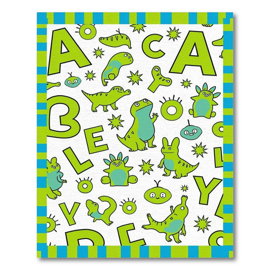 Lime Green Whimsical Creature Alphabet Rug