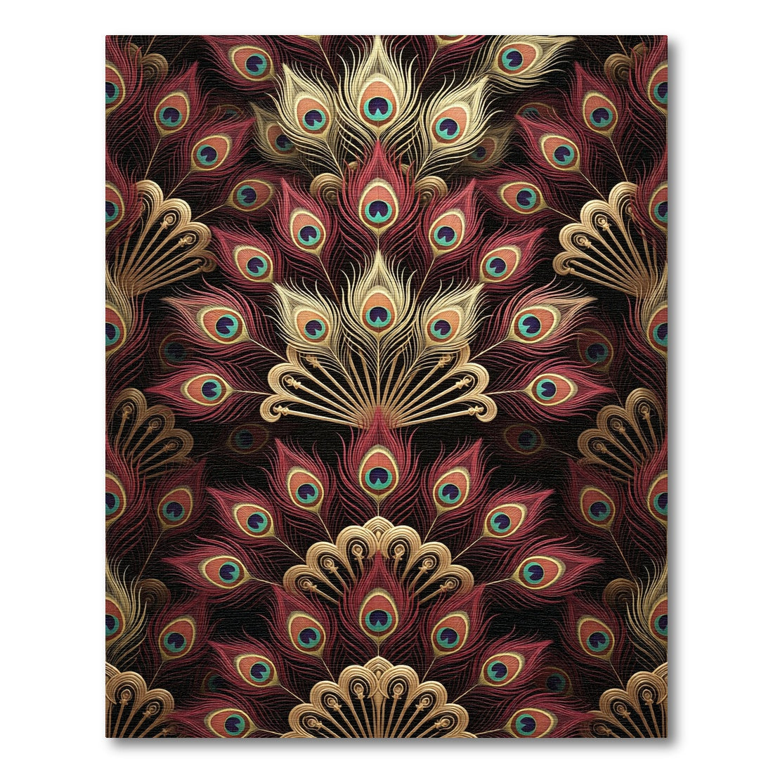 Rich Maroon Gold Peacock Feather Abstraction Rug