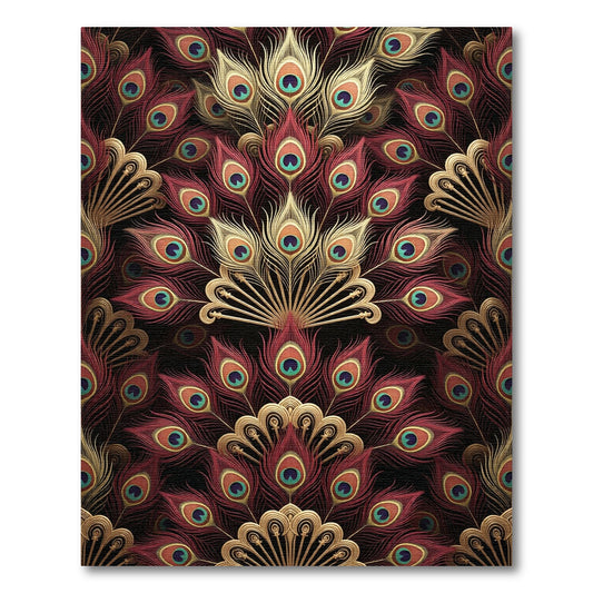 Rich Maroon Gold Peacock Feather Abstraction Rug