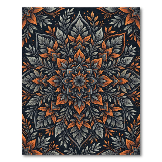 Dark Amber Gray Leaf Mandala Rug