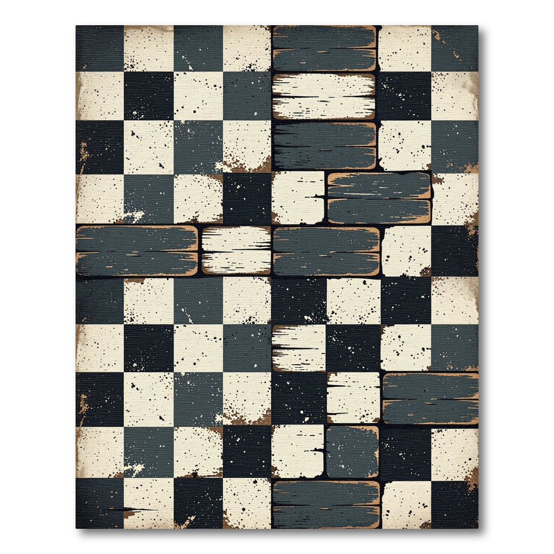 Distressed Monochrome Checkered Plank Floor Rug