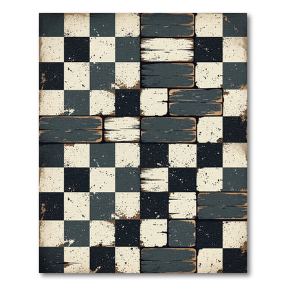 Distressed Monochrome Checkered Plank Floor Rug