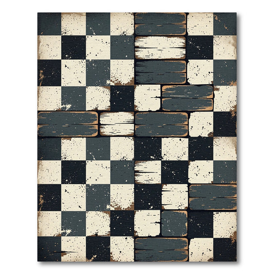 Distressed Monochrome Checkered Plank Floor Rug