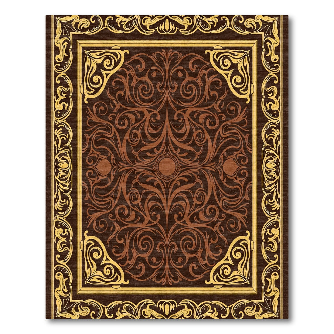 Rich Brown Gold Filigree Border Rug