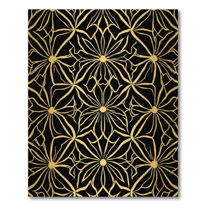 Golden Art Nouveau Floral Black Rug