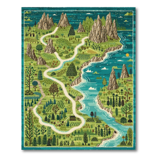 Whimsical Teal Mountain River Forest Path Rug
