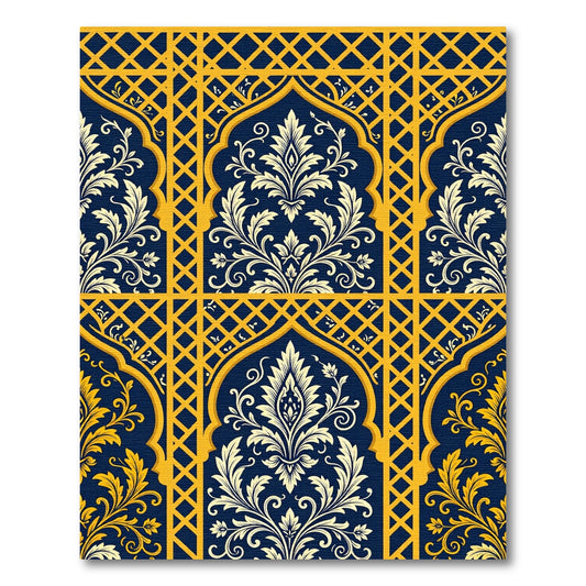 Navy Blue Lattice Royal Gold Damask Rug