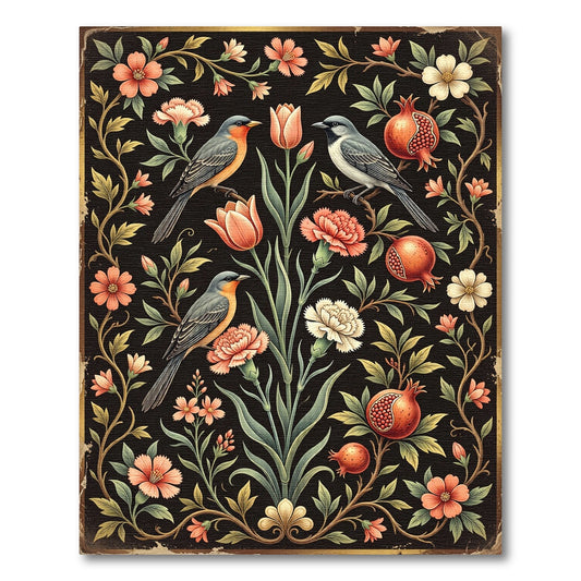 Orangey Pink Floral Bird Pomegranate Rug