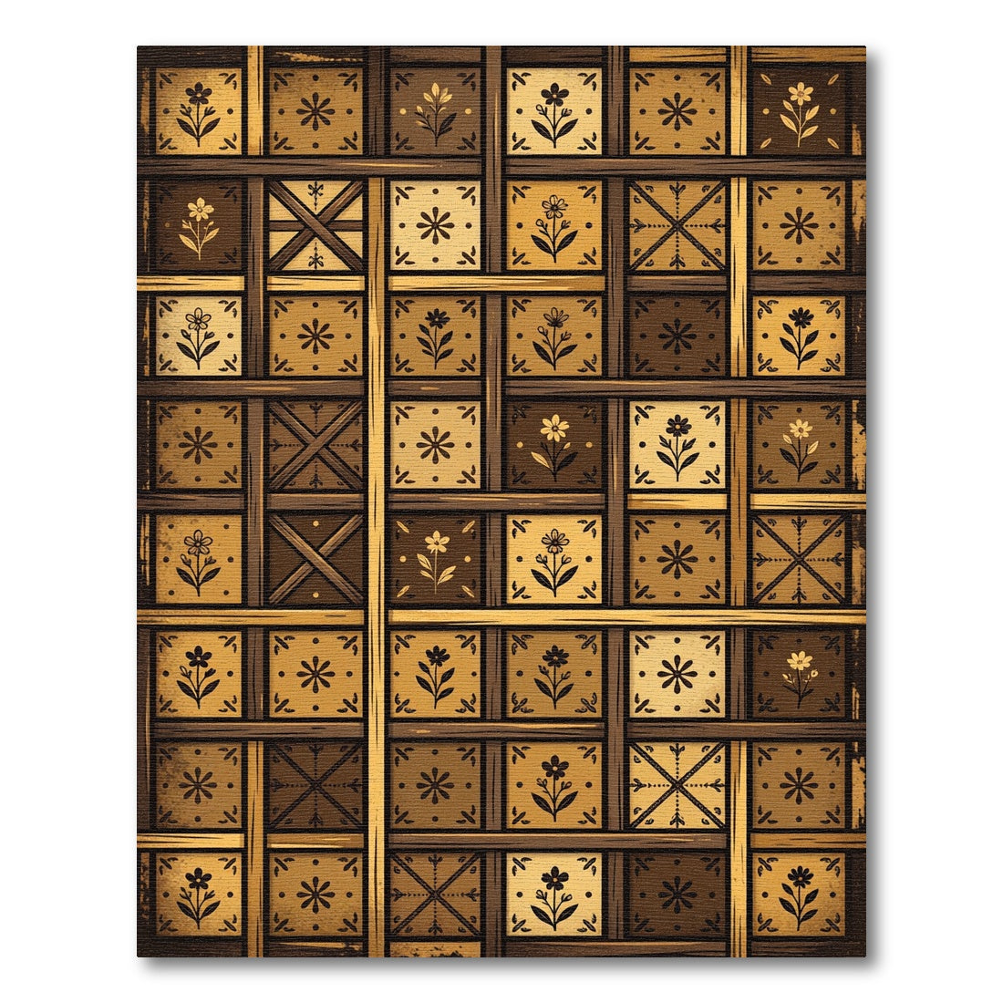 Sepia Floral Grid Apothecary Art Tile Rug