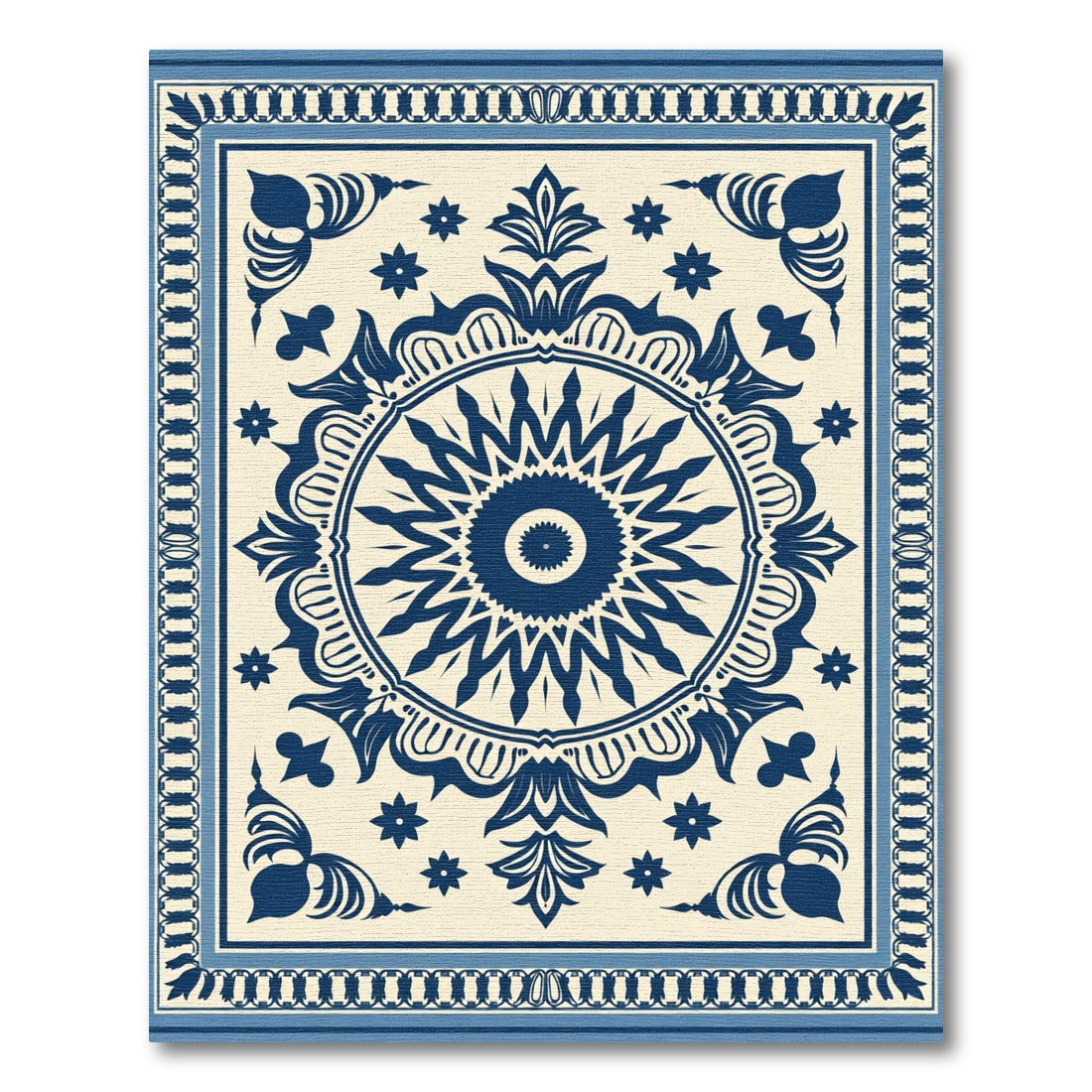 Navy White Floral Medallion Mandala Rug
