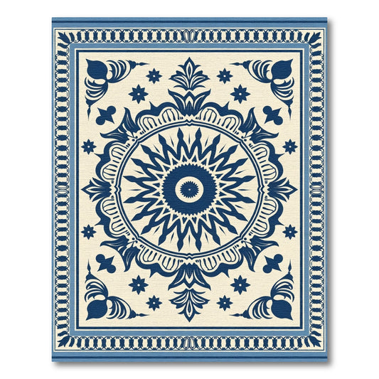 Navy White Floral Medallion Mandala Rug