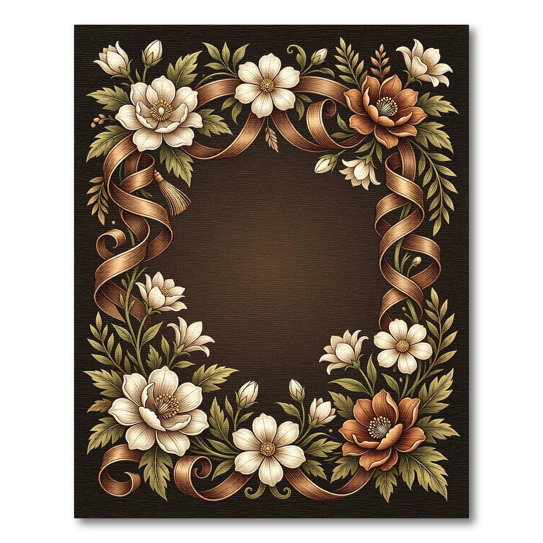Elegant Sepia Floral Ribbon Frame Rug