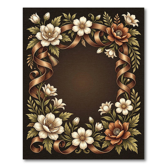 Elegant Sepia Floral Ribbon Frame Rug