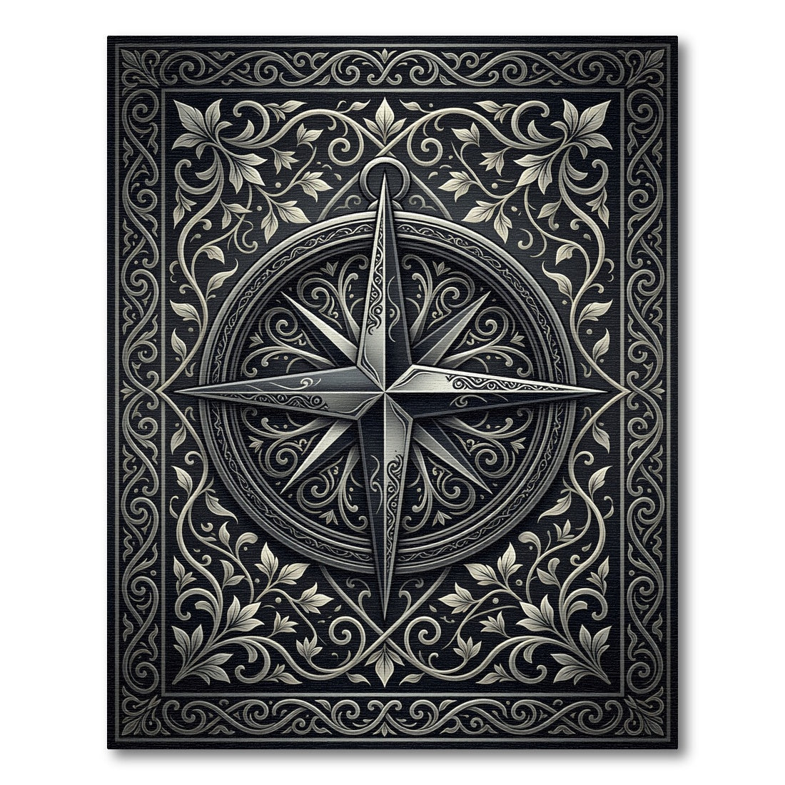 Ornate Black Silver Compass Vines Rug