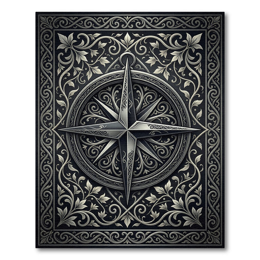 Ornate Black Silver Compass Vines Rug