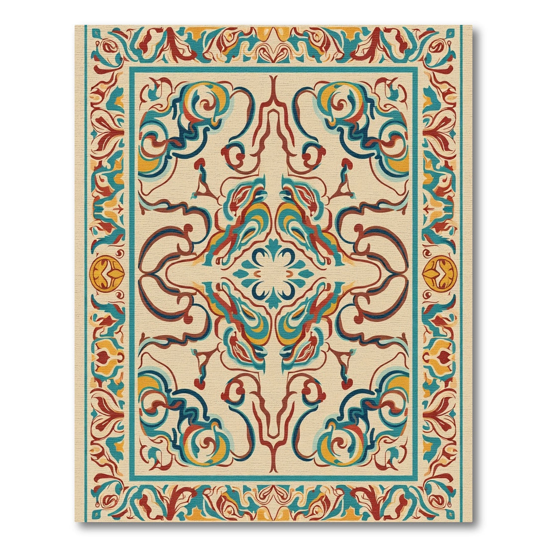 Ornate Teal Gold Red Floral Medallion Rug