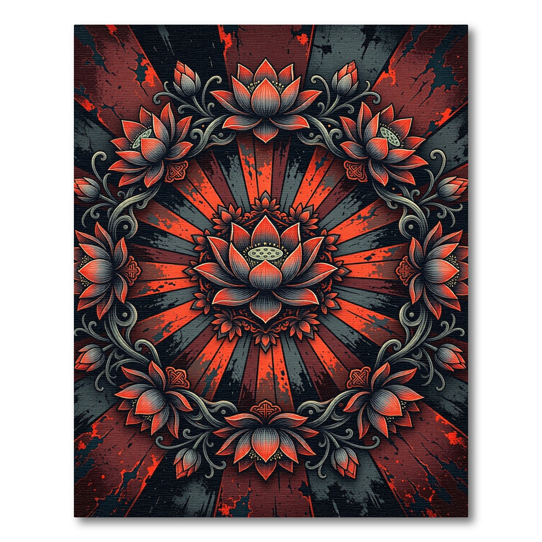 Gothic Crimson Lotus Radial Mandala Rug