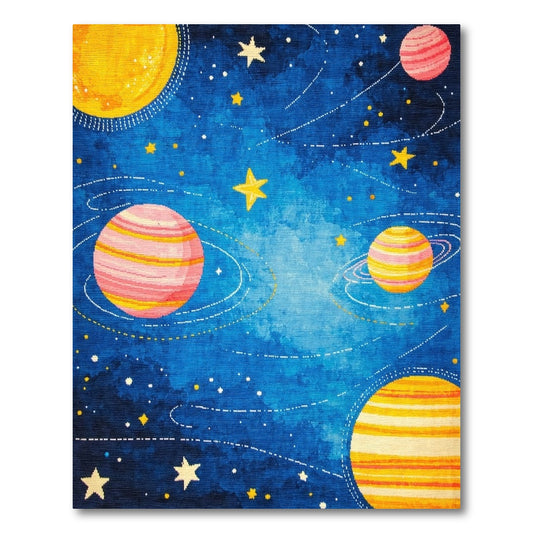 Whimsical Cosmic Striped Planets Stars Rug
