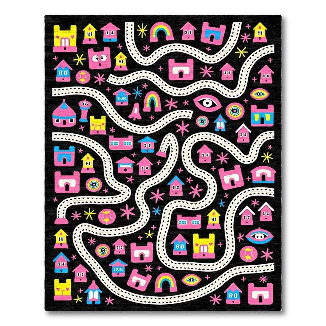 Pink Yellow Houses Rainbow Eye Black Rug
