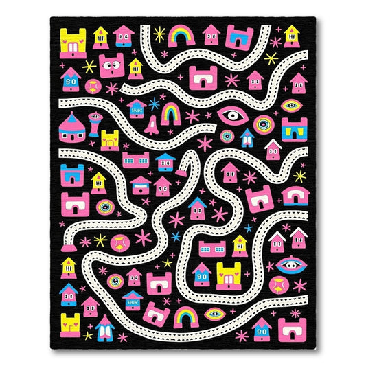 Pink Yellow Houses Rainbow Eye Black Rug