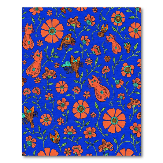 Orange Cat Floral Whimsy Blue Rug