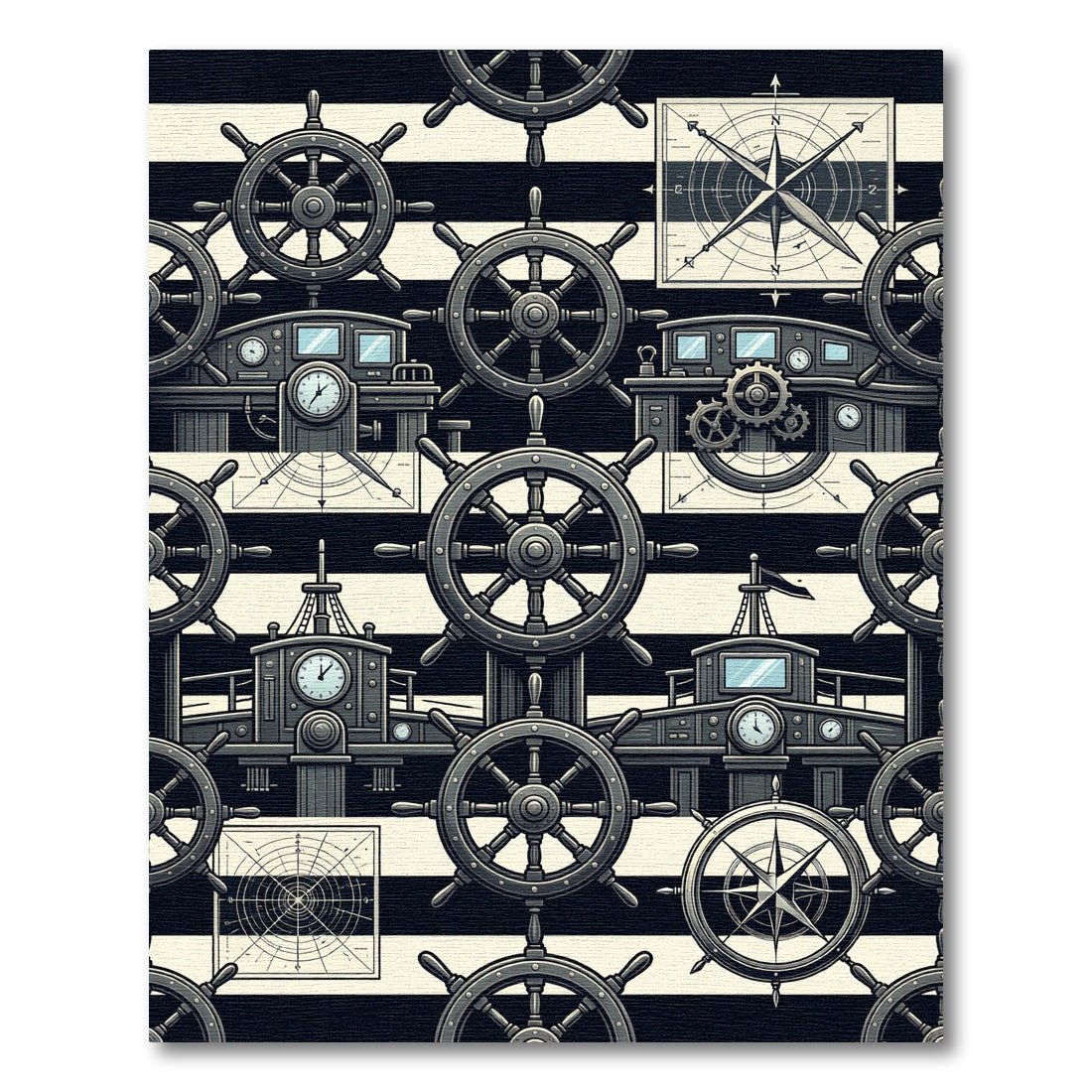 Nautical Black and White Helm Compass Rug