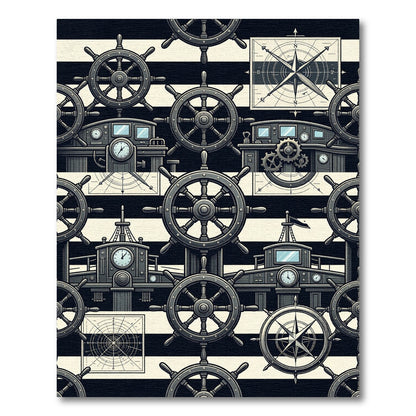 Nautical Black and White Helm Compass Rug
