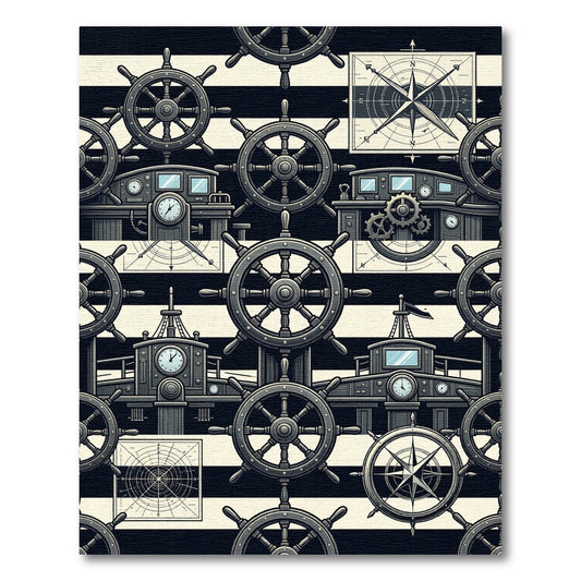 Nautical Black and White Helm Compass Rug