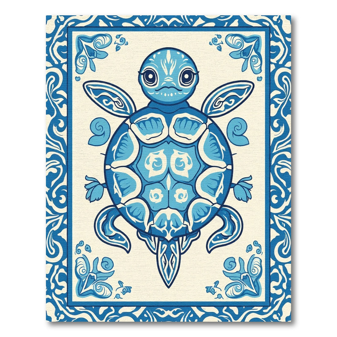 Whimsical Blue Turtle Floral Border Rug
