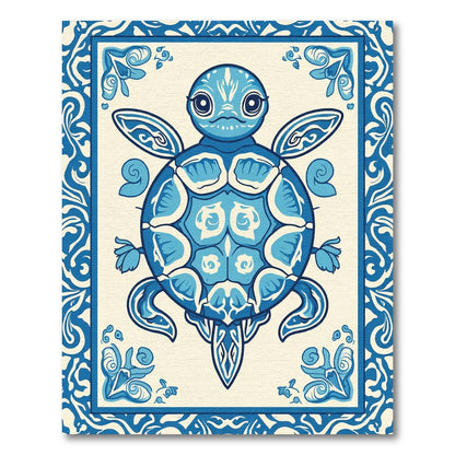 Whimsical Blue Turtle Floral Border Rug