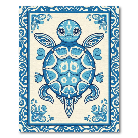 Whimsical Blue Turtle Floral Border Rug