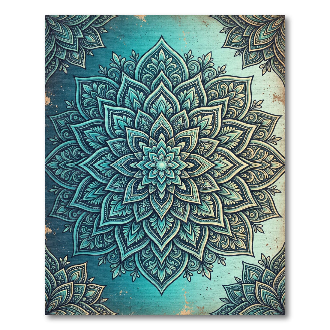 Teal Ombre Botanical Mandala Medallion Rug