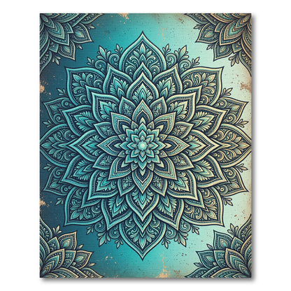 Teal Ombre Botanical Mandala Medallion Rug