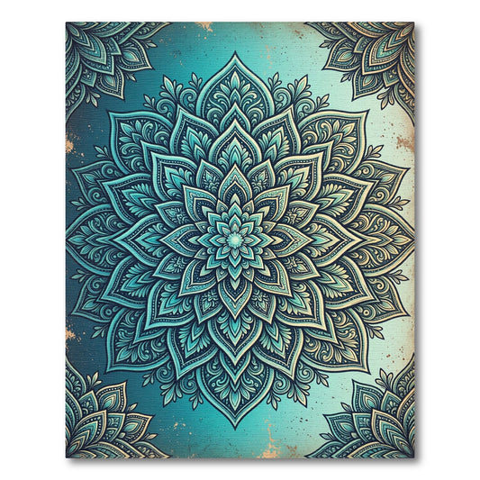 Teal Ombre Botanical Mandala Medallion Rug