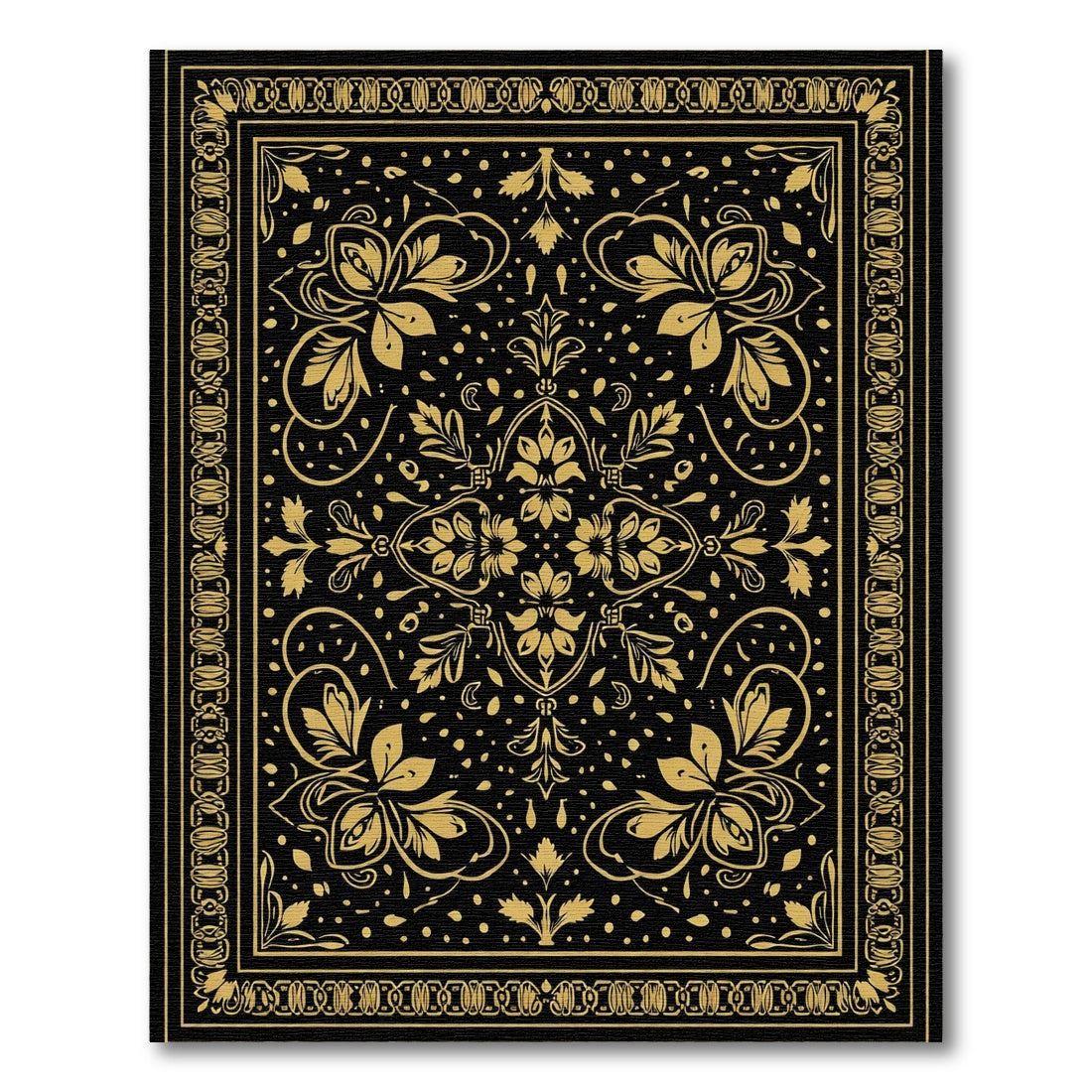 Golden Floral Black Scroll Rug