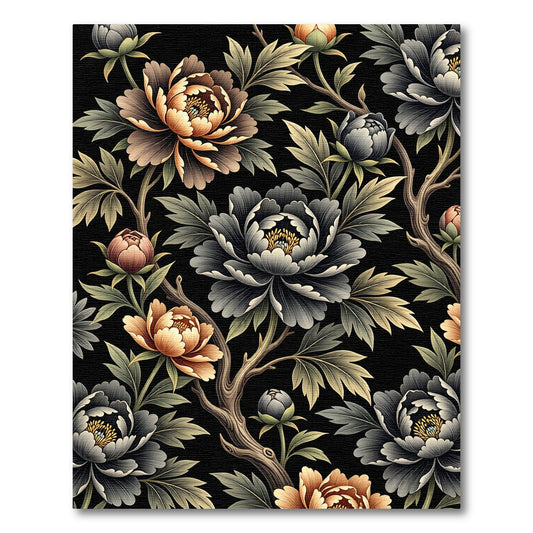 Dramatic Black Floral Branch Medallion Rug