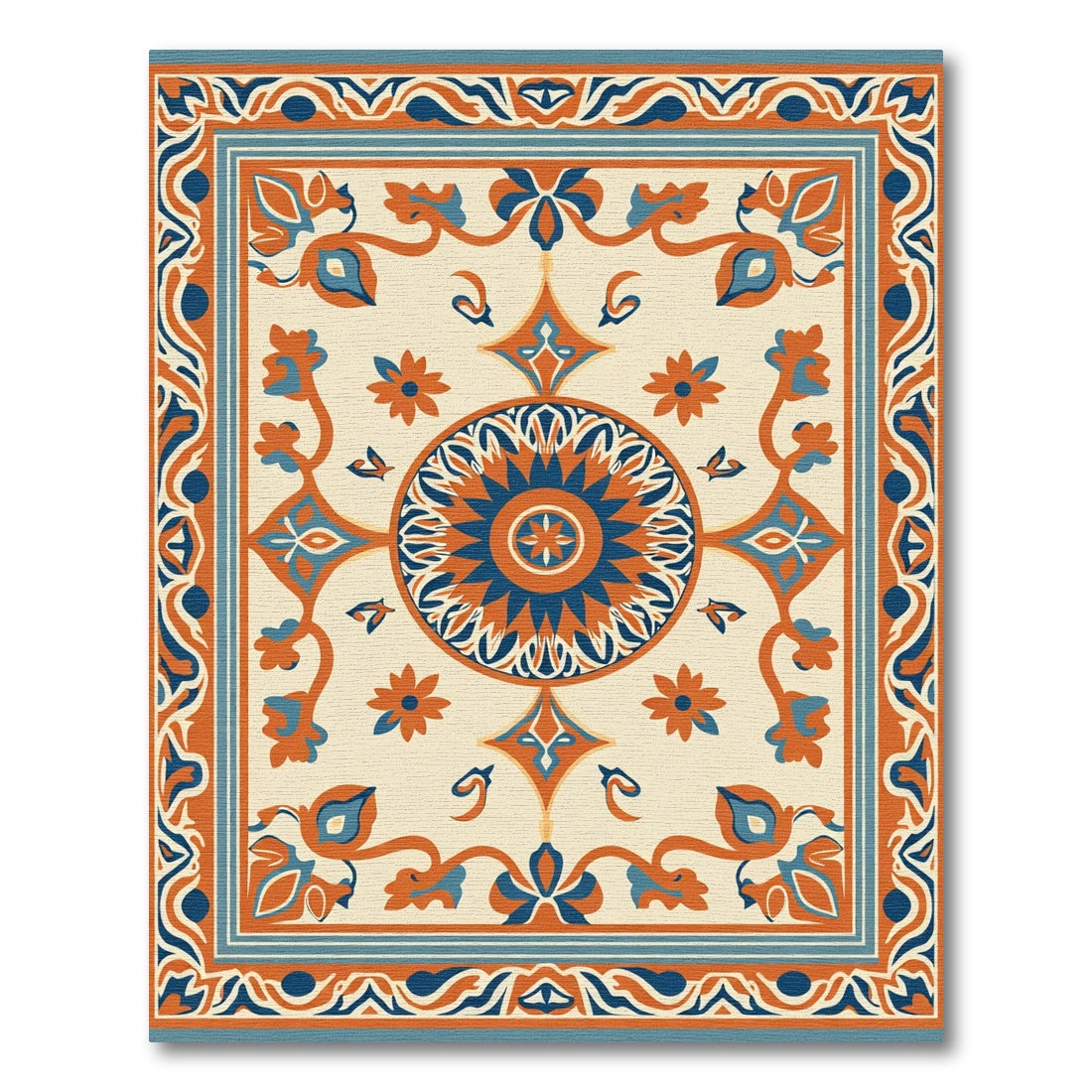 Orange Blue Cream Floral Medallion Rug