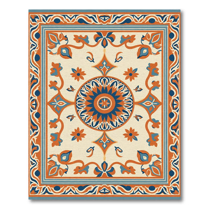 Orange Blue Cream Floral Medallion Rug