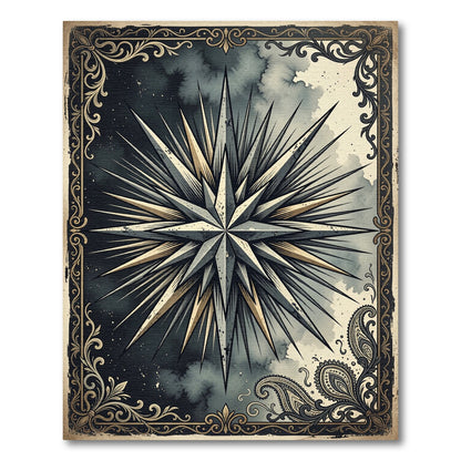 Celestial Midnight Compass Star Ink Art Rug