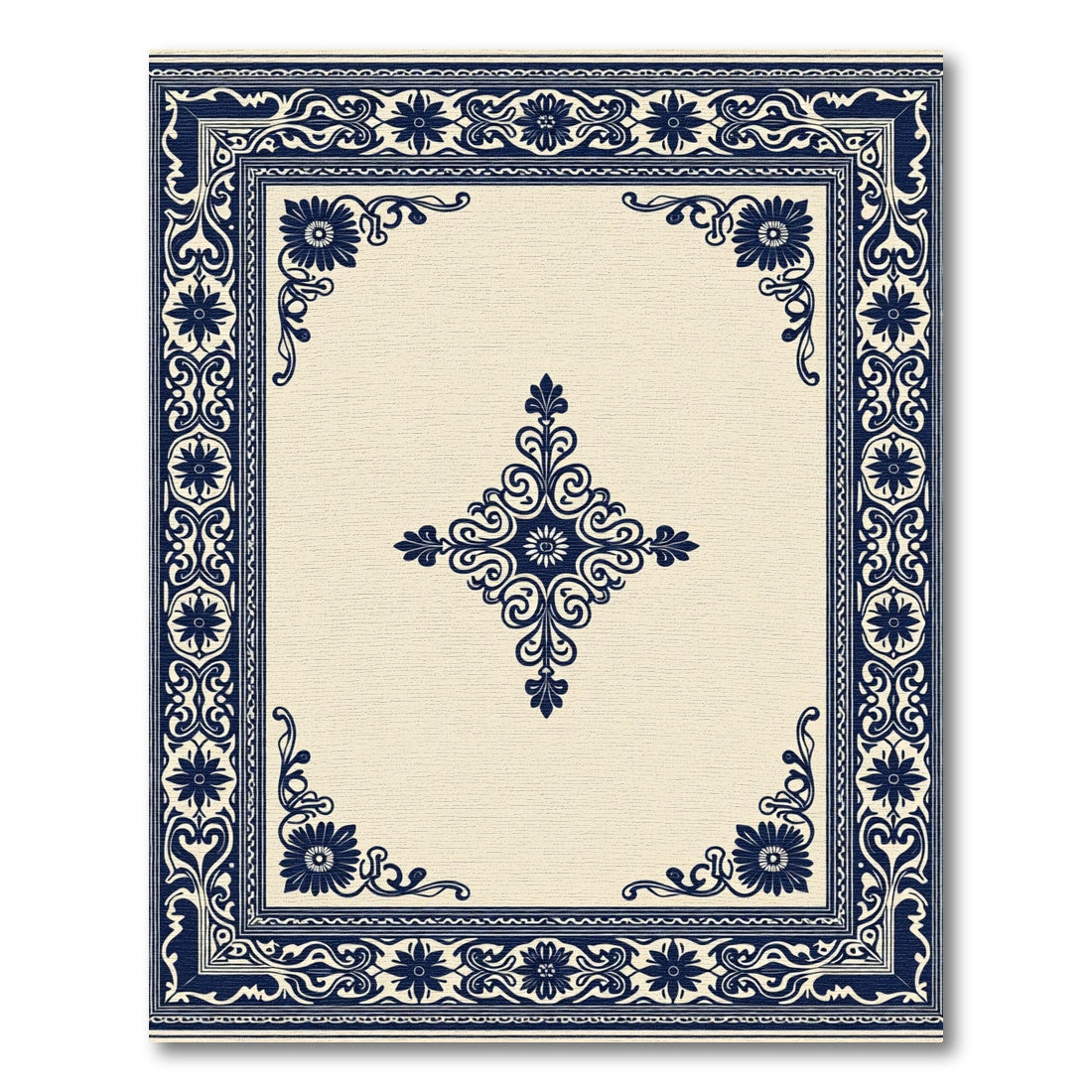Ornate Navy Floral Centerpiece Border Rug