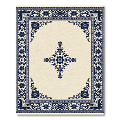 Ornate Navy Floral Centerpiece Border Rug