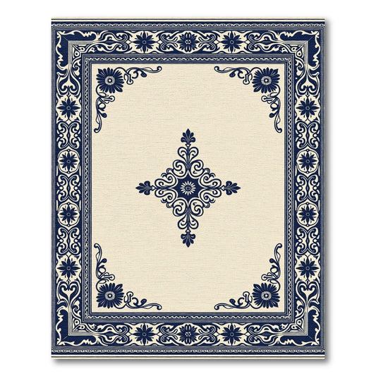 Ornate Navy Floral Centerpiece Border Rug