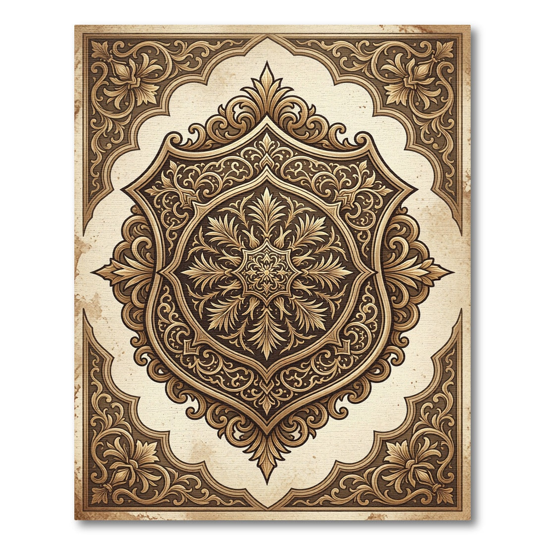 Ornate Golden Baroque Damask Medallion Rug