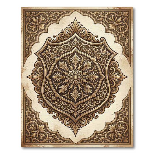 Ornate Golden Baroque Damask Medallion Rug
