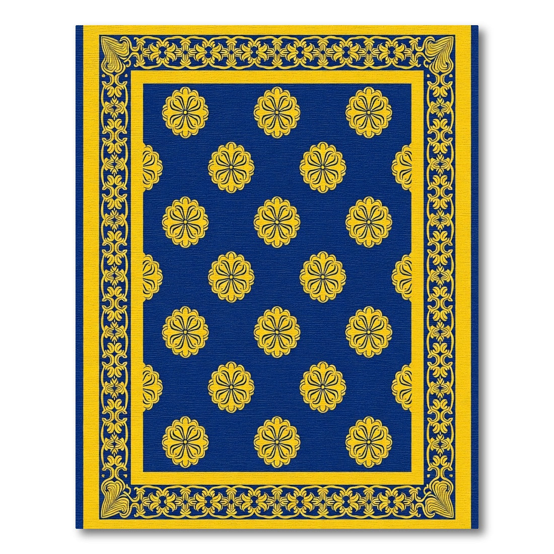 Royal Blue Yellow Floral Medallion Border Rug