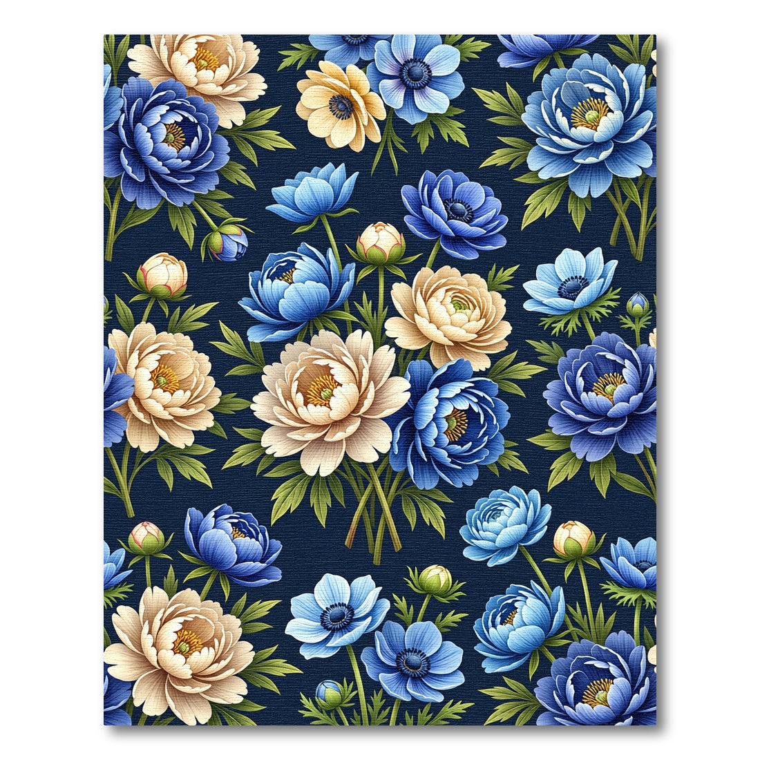 Bold Blue Cream Peony Garden Rug