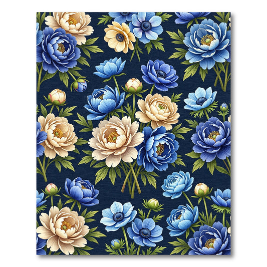 Bold Blue Cream Peony Garden Rug