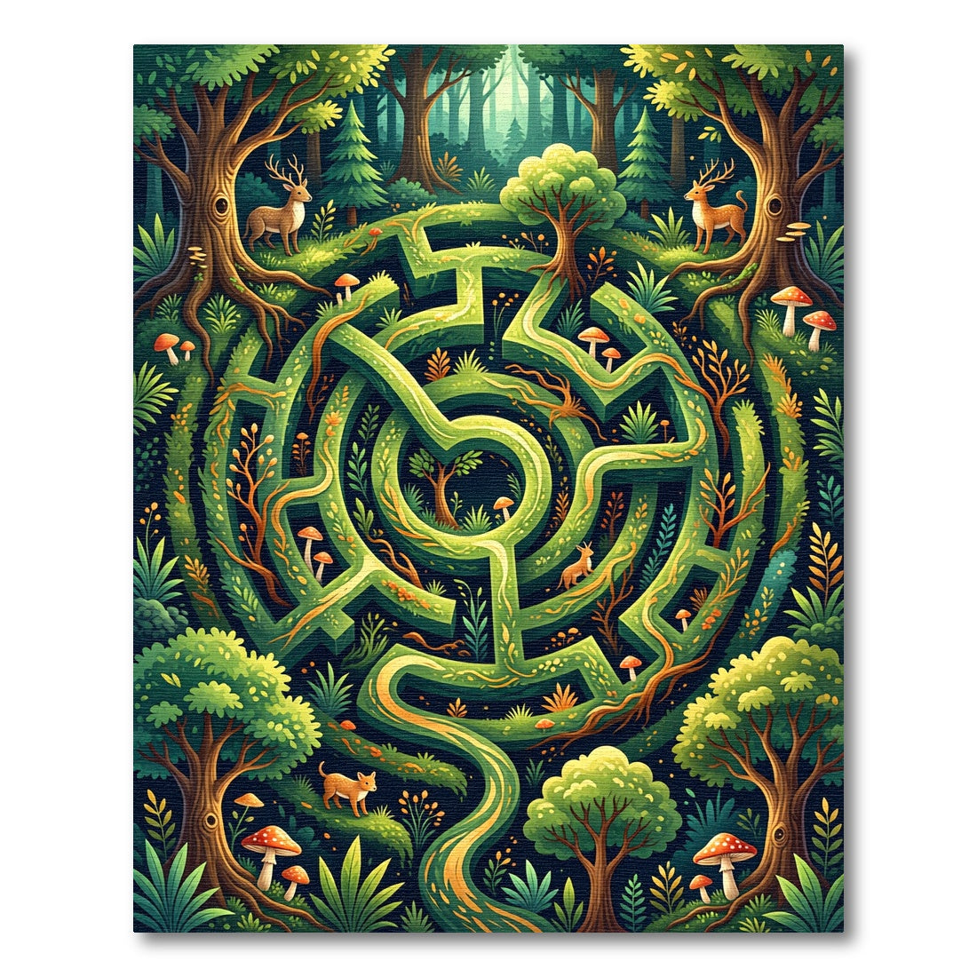 Enchanted Green Forest Maze Deer Rug