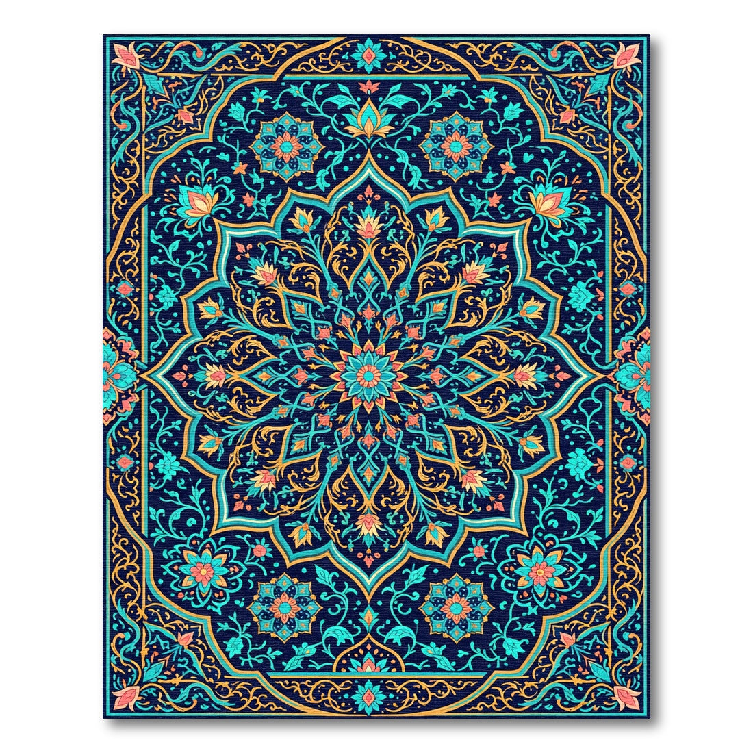 Intricate Teal and Gold Floral Mandala Rug