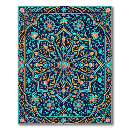 Intricate Teal and Gold Floral Mandala Rug